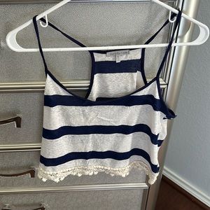 Size medium blue and white striped lace crochet crop top
